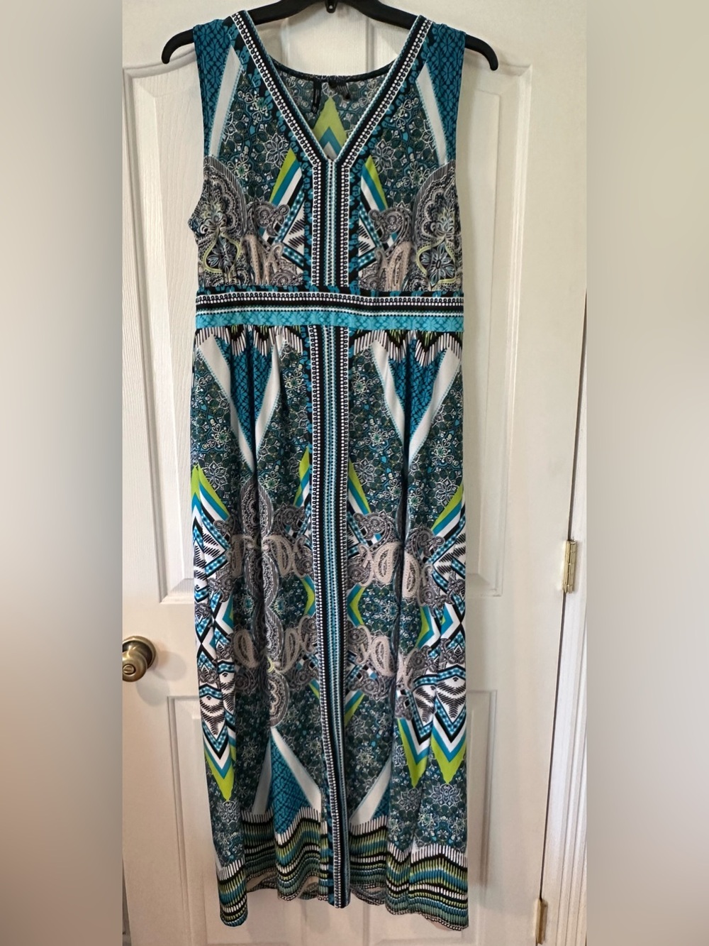 New Directions Multicolor Blue Teal Lime Patterned Maxi Dress with sweater